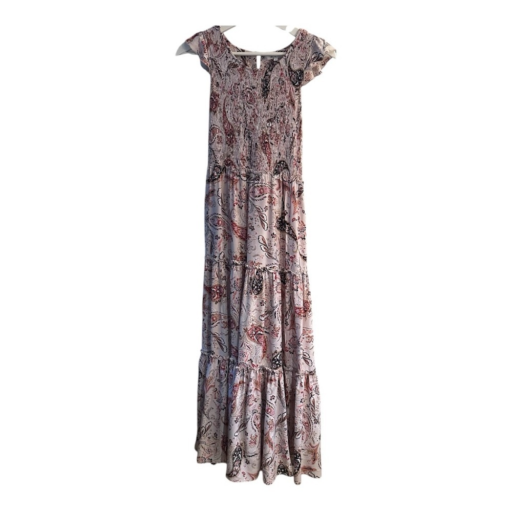 ABEL THE LABEL Tiered Maxi Dress Paisley pattern Ruffles  Smocking, sz. Small